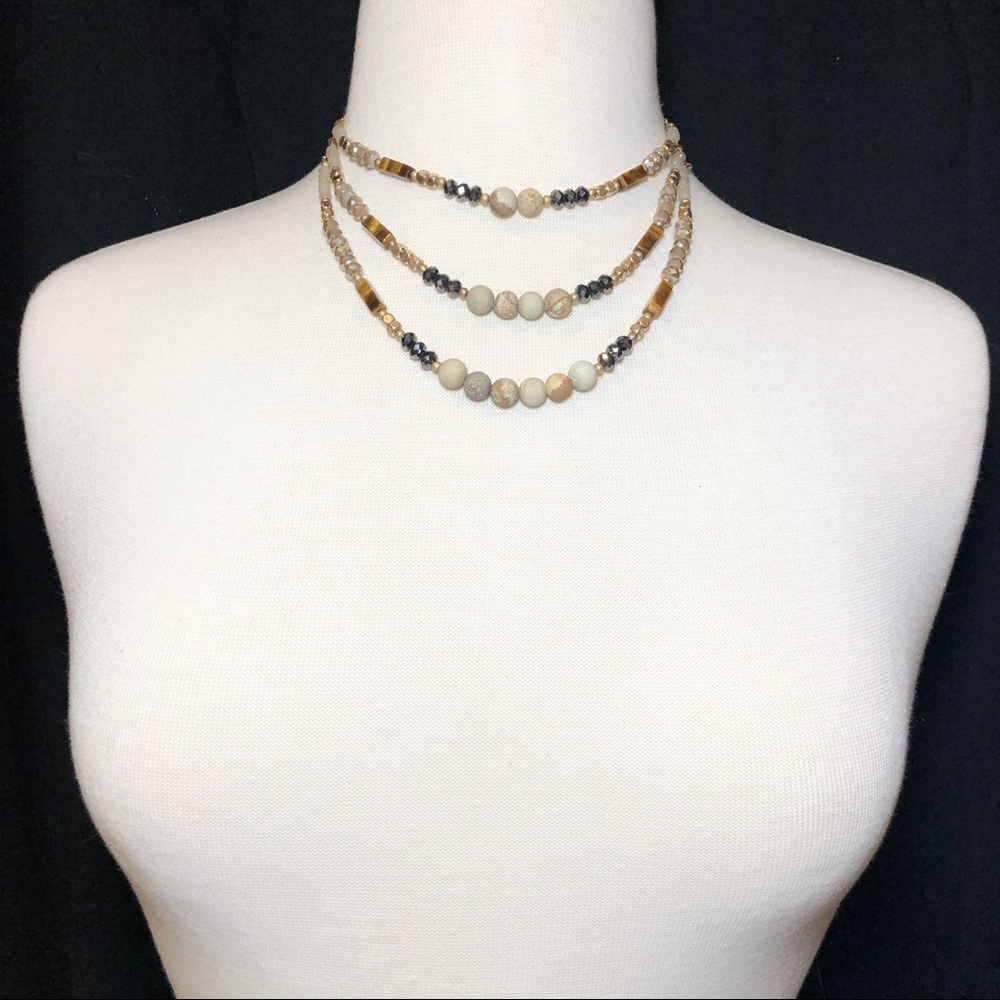 3 Row Layered Brown Grey Stone Glass Bead Necklace - Picture 3 of 3